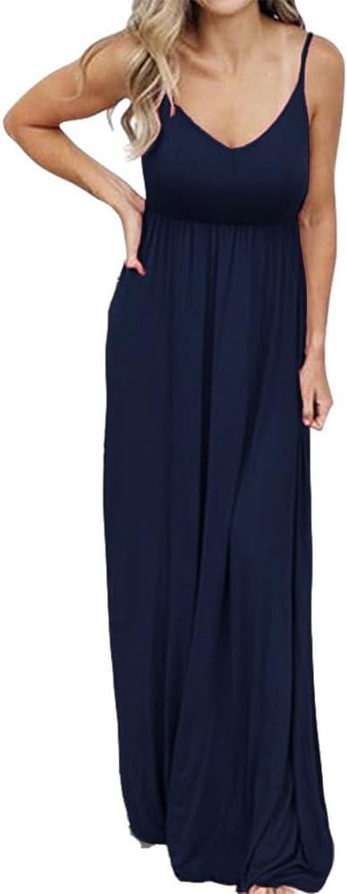 PRIMODA Women's Summer Casual Sleeveless V Neck Adjustable Spaghetti Strap Maxi Long Dress (Medium)