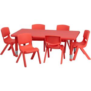 Flash Furniture 48x24 in Plastic Activity Table with 6 Chairs, Red, 24"W x 48"D x 14.50" - 23.75"H