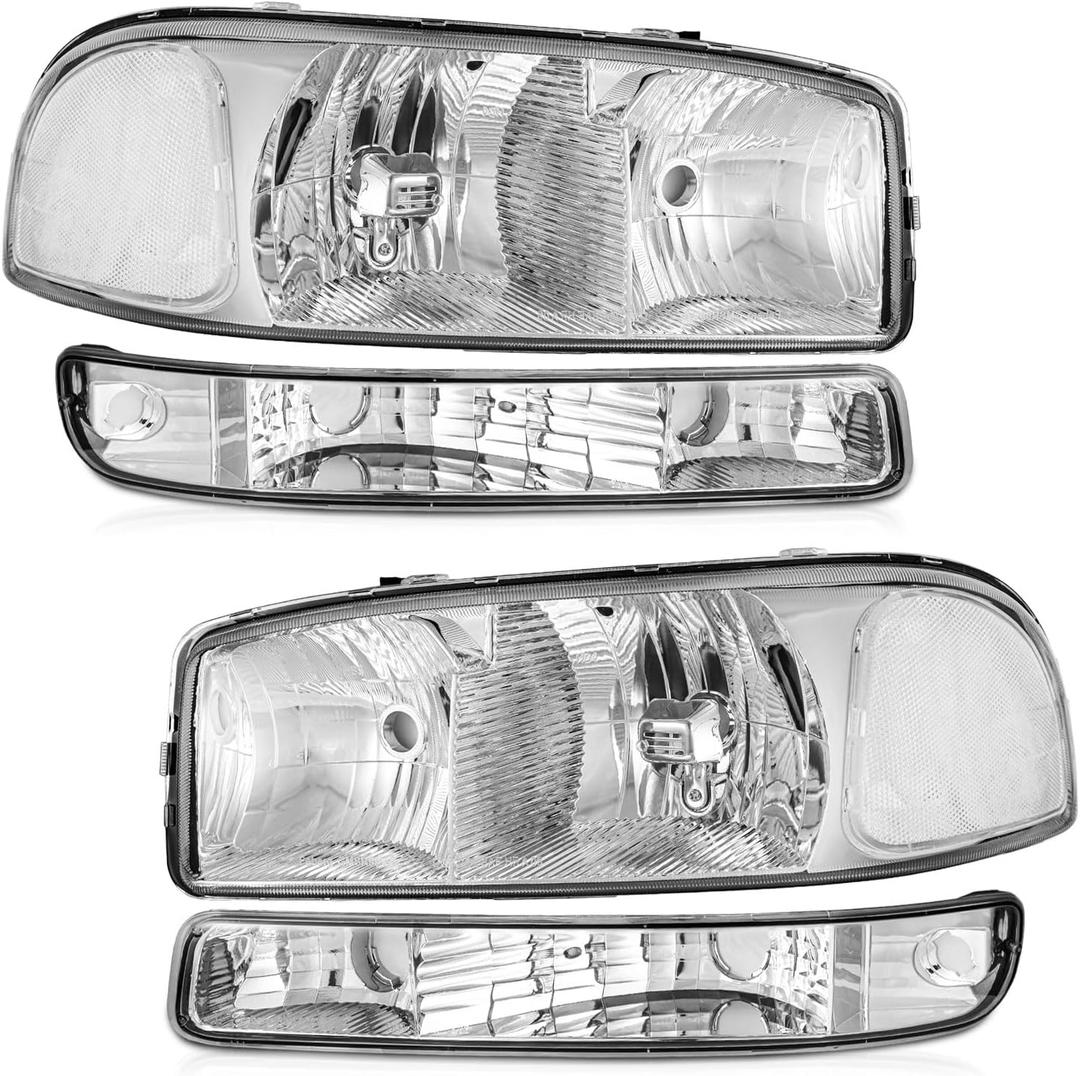 WEELMOTO headlights Assembly for 1999 2000 2001 2002 2003 2004 2005 2006 GMC Sierra 1500 2500 3500/99-06 GMC Yukon/ 00-06 GMC Yukon XL,Chrome Housing Clear Reflector, Headlights Assembly Replacement
