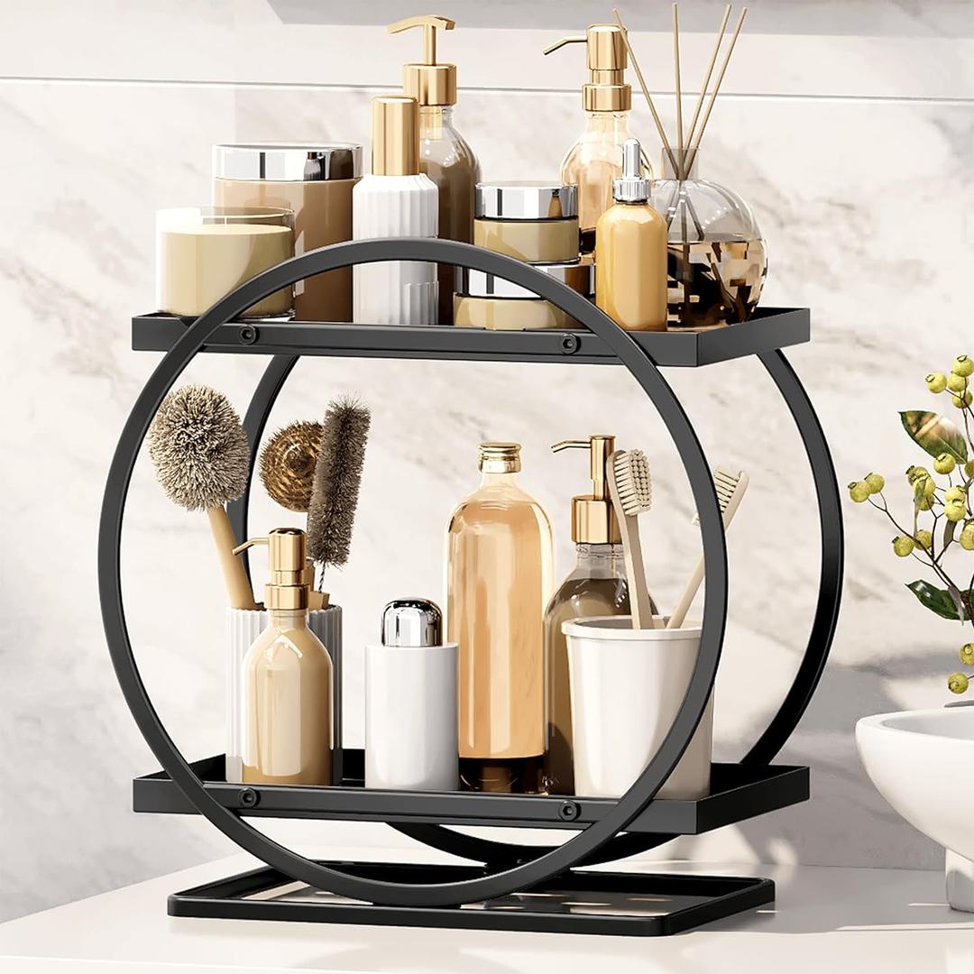 Bathroom Counter Organizer, Black Perfume Organizer for Dresser, 2 Tier Bathroom Organizer Countertop, Vanity Makeup Organizers, Skincare Display Tray for Bathroom Sink Storage