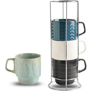 KOOV Ceramic Coffee Mug Set with Stand, 16 oz Coffee Mug for Coffee, Tea, Cocoa, Stackable Ceramic Coffee Cup Set of 4, Large Coffee Mugs Set of 4, Drinking Vessels for Women, Men (Blueset)