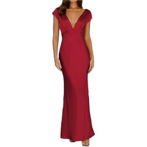 Halfisland Womens Summer Satin V Neck Cap Sleeve Backless Maxi Dress Elegant Twist Cut Out Midi Dresses Wedding Guest Burgundy S