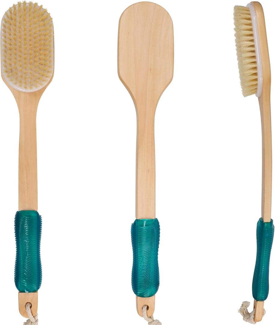 OWIIZI Back Scrubber for Shower,Stiff Boar Bristles Wooden Curved Long Handle Antiskid Body Bath Brush for Back Use Wet or Dry,Deep Cleanse Large Surface Back Scrub Brush