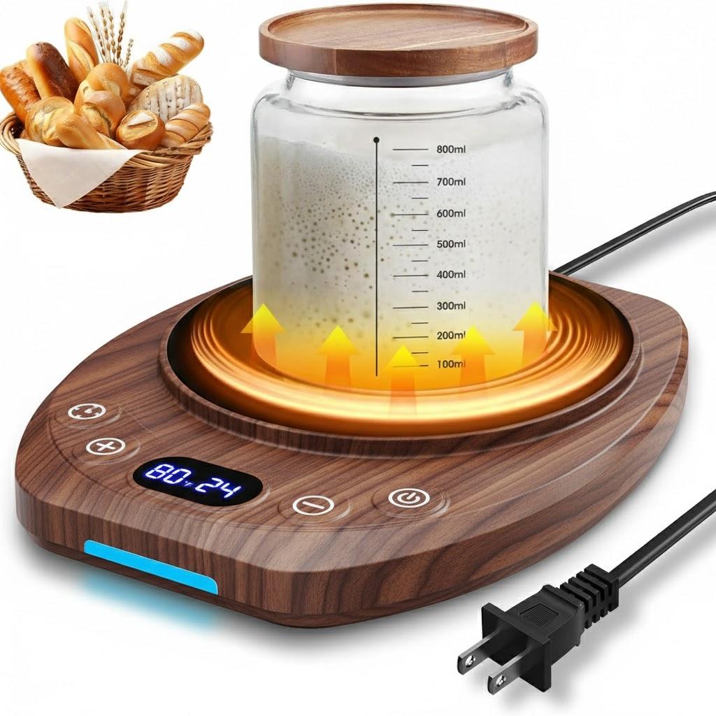 Upgrade Sourdough Starter Warmer Mat, Precise 1°F Thermostat Control (70-120°F), Smart Memory Leavening Pad for Kitchen Sourdough and Bagels, 0-24H Timer with US Plug, °C/°F Display