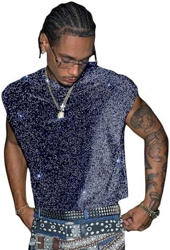 RoseSeek Men's Sequin Tank Top Glitter Crew Neck Sleeveless Tops Party Club Vest Rave Outfits Streetwear,XXL