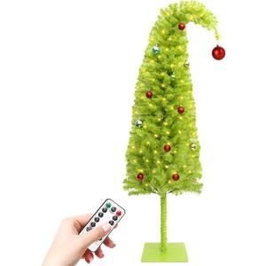 5FT Whimsical Lime Green Christmas Tree with 150 LED Timer Lights and Balls Ornament, Bendable Artificial Pencil Tree with Metal Base for Home Office Apartment Holiday Party Decoration