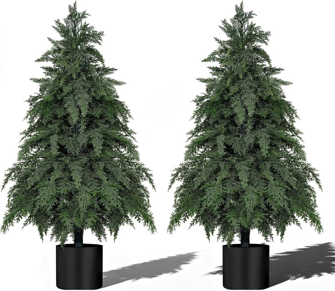 Grooy 2 Pack 3FT Artificial Cedar Topiary Trees with Pot for Porch Decor
