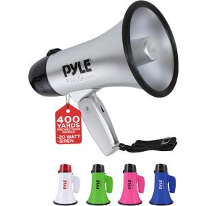 PYLE-PRO Portable Megaphone Speaker Siren Bullhorn - Compact and Battery Operated with 20 Watt Power, Microphone, 2 Modes, PA Sound and Foldable Handle for Cheerleading & Police Use-PMP23SL (Silver) PYLE-PRO Portable Megaphone Speaker Siren Bullhorn - Compact and Battery Operated with 20 Watt Power, Microphone, 2 Modes, PA Sound and Foldable Handle for Cheerleading & Police Use-PMP23SL (Silver)