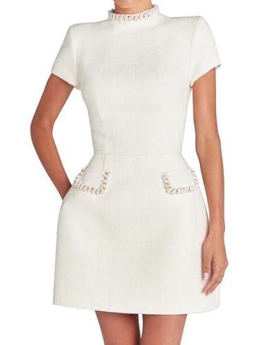 LuFeng Womens Sexy Short Sleeve High Neck Pearls Mini Dress Party Clubwear Club Bodycon Short Dresses White, Medium