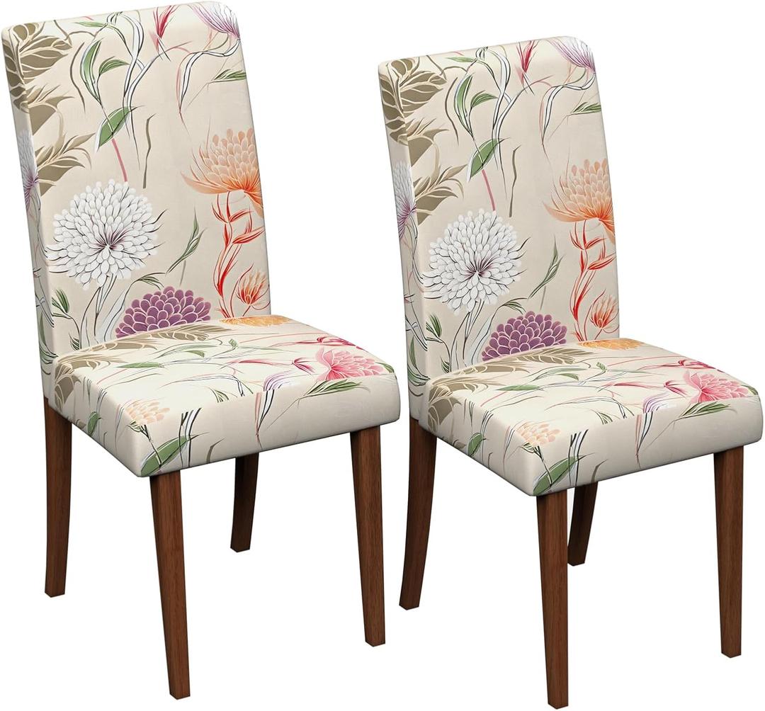 Stretch Dining Chair Covers Set of 2,Floral Print Chair Covers,Soft Removable Washable,Pet Friendly Furniture Protector,Universal Chair Slipcovers for Home, Kitchen,Ceremony Dining Room Seat (Dahlia)