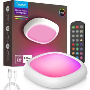 Rechargeable Shower Lights for Inside Shower, 12000mAh Motion Sensor Wireless RGB Ceiling Light with Remote No Wiring, Battery Operated Closet Lights Cordless LED Overhead Lighting for Bathroom (White)