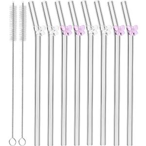 8 Pcs Reusable Glass Straws with Cleaning Brushes Pink Bow Glass Straws Shatter Resistant Straw Coquette Party Decor Bow Party Pretty Bachelorette Decor Bridal Engagement Drinkware (Pink, Clear)