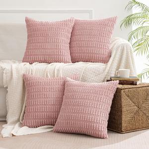 MIULEE Pack of 4 Blush Pink Corduroy Decorative Valentines Throw Pillow Covers 18x18 Inch Soft Spring Boho Striped Pillow Covers Modern Farmhouse Home Decor for Sofa Living Room Couch Bed