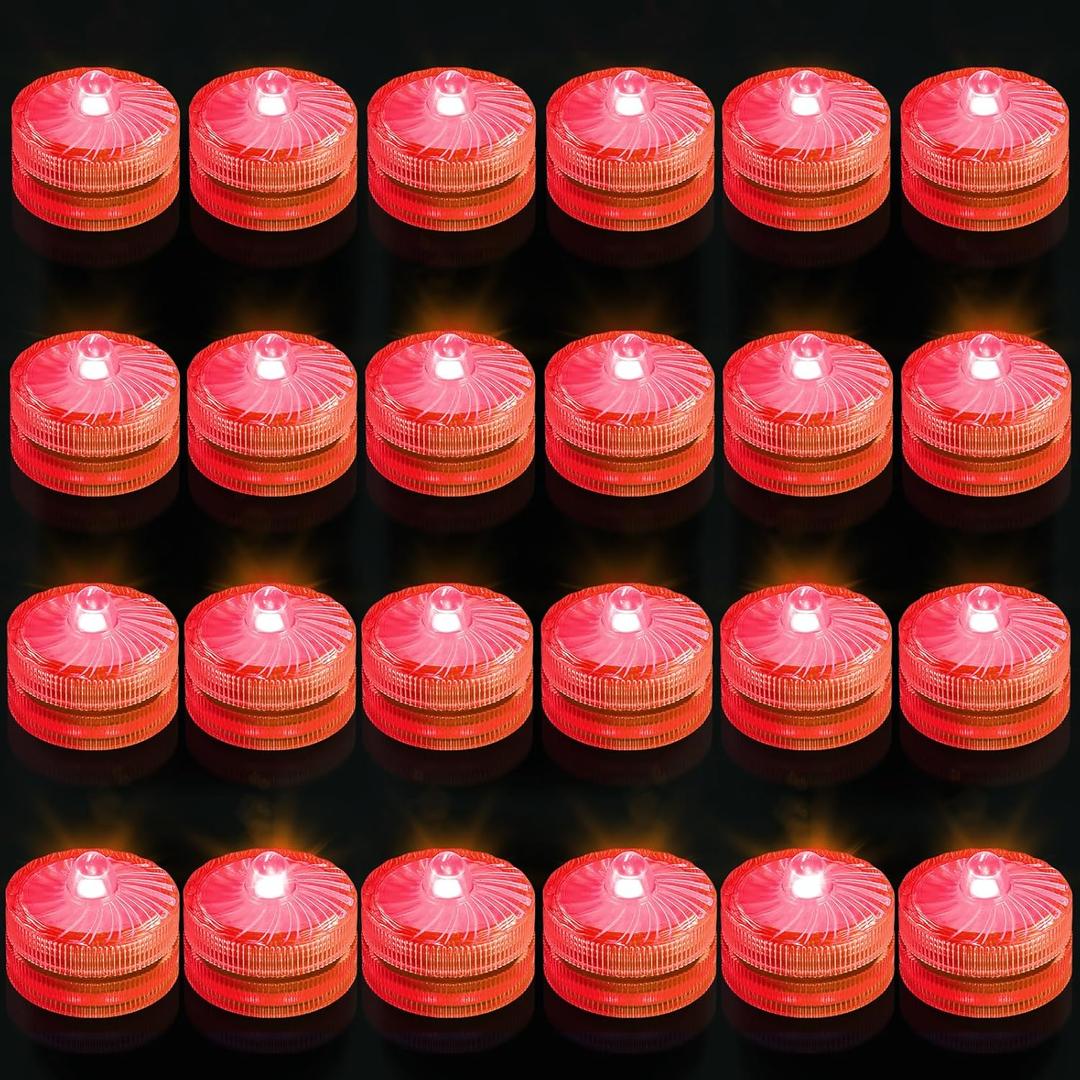 Mini Submersible LED Light, 24pcs Red Waterproof Flameless Candles Tealights, Underwater Battery Powered Tea Lights for Wedding Home Vase Festival Party Decoration