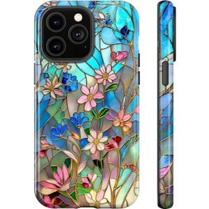 Generic Case for iPhone 14 for iPhone 13,Stained Glass Bloom Flower Phone Case Drop Resistant Glossy 2 in 1 Solid Dual-Layer Cover for Girl Women