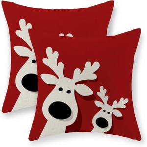 Christmas Pillow Covers 18x18 Set of 2 Christmas Decorations Linen Red Pillowcase Winter Elk Deer Christmas Throw Pillows Christmas Holiday Decor Outdoor Cushion Covers for Couch Home Decor