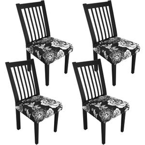 Stretch Dining Chair Seat Covers Set of 4,Dining Chair Slipcovers, Floral Printed Chair Covers,Soft Fabric Washable Upholstered Chair Seat Protector, No Rear Covers for Home Kitchen Dining Room (Black Base White Rose)