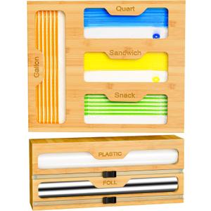 KOCWELL Bamboo Bag Storage Organizer - 2 Wrap Dispenser with Cutter & 4 Slots Food Storage Bags Container - Kitchen Drawer Plastic Bags Storage Organization for Gallon Quart Sandwich Snack Bags