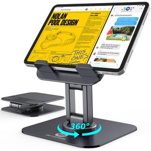 OCYCLONE for iPad Stand for Desk, 360 Rotating Adjustable Portable Monitor Tablet Holder Office Accessories Compatible with Kindle 4" - 15.6" Tablet iPad PS iPhone, Black