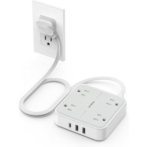 TESSAN Surge Protector Flat Extension Cord 3Ft, Ring Plug Power Strip with 4 Outlets 3 USB Ports (1 USB C), 900 Joules Protection, Multiple Wall Outlet Extender Suitable for Home Office Dorm, Grey