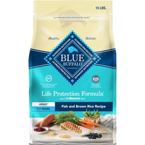 Blue Buffalo Life Protection Formula Adult Dry Dog Food, Helps Build and Maintain Strong Muscles, Made with Natural Ingredients, Fish & Brown Rice Recipe, 15-lb Bag (EXP 11/02/26)