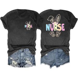 Easter Shirt Women Bunny Nurse Shirts Happy Easter Day Shirt Easter Bunny Graphic T Shirts Cute Bunny Leopard Tops