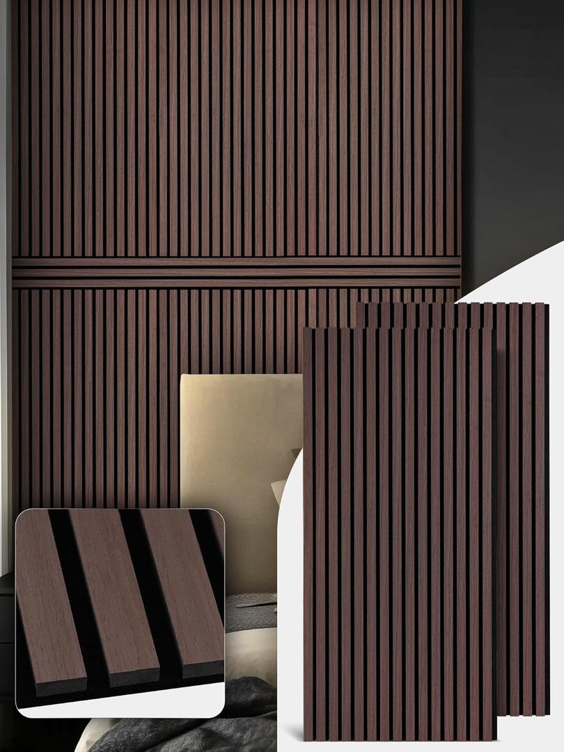 Mollywell Wood Panels for Wall, Time-Saving Installation, Versatile Wood Slat Wall Decor, Enhanced Acoustic & Sound Proof Fluted Design for Home & Office, 2 Pcs Dark Walnut, 47.2x23.6 Inch