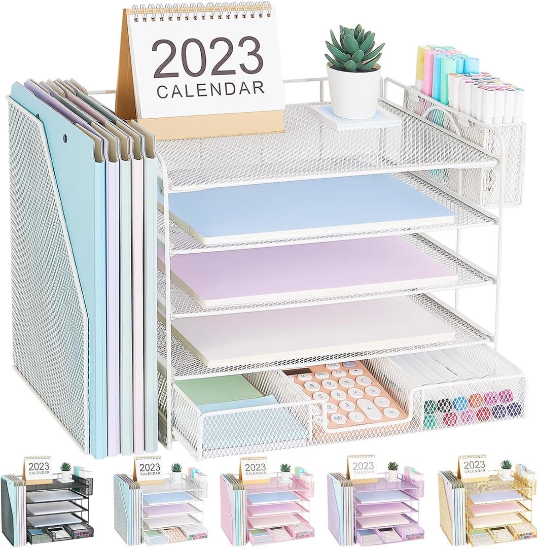 Desk Organizer with File Holder, 5-tier Paper Letter Tray File Organizer with Drawer and Pen Holder, Desk Organization Office Desk Accessories for School Office Supplies Storage(White)