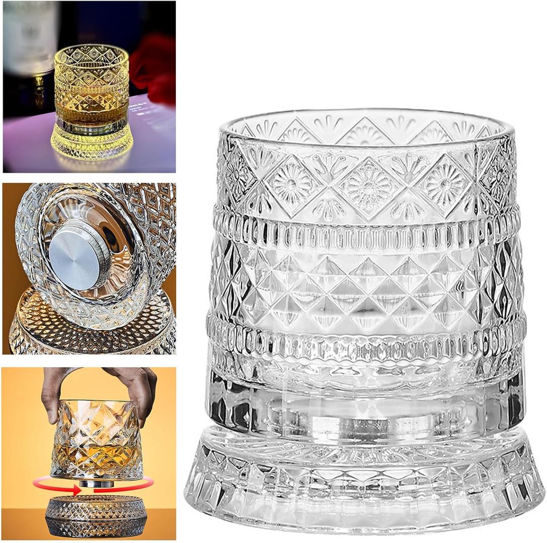 Spinning Whiskey Glasses, Rotating Crystal Glasses with Unique Embossed Bases Enhance the Taste and Add a Fun, Stress-relieving Element