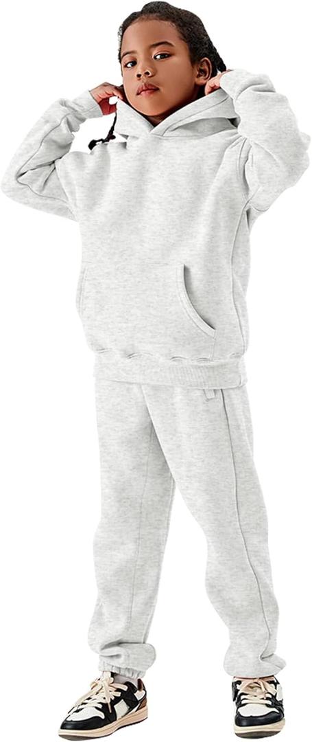Flygo Girls Boys Fleece 2 Piece Outfits Pants Set Hoodies Sweatshirt and Jogger Sweatpants (Medium, Grey)
