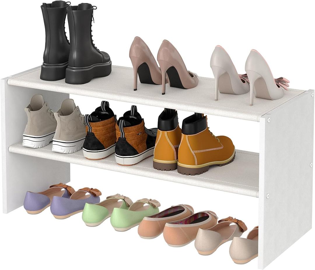 2 Tier Small White Shoe Rack For Closet, Stackable Shoe Shelf Organizer for 9 -12 Pairs of Shoes, Small Shoe Storage Organizer for Entryway, Hallway, Garage,Living Room, Bedroom, Size 28.5"* 11" * 13"