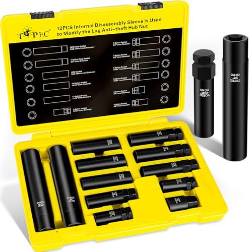 Topec 12PCS Spline Lug Nut Socket Set, Master Lug Nut Key Set of 5, 6, 7, 12 Spline, Wheel Lock Removal Kit for Spike and Hex Lug Nuts, Universal Locking Lug Nut Removal Tool