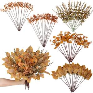 120 Pcs 5 Kinds Mixed Artificial Eucalyptus Leaves Stems and Fake Berry Bulk for Fall Decorations,Faux Plants Bundle for DIY Bouquets Floral Arrangement Wedding Engagement Party Autumn Decor (Orange)