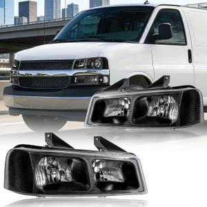 Headlight Assembly for 2003-2014 Chevy Express 1500/2003-2023 Express 2500 3500/2009-2022 Express 4500 Driver Left & Passenger Right Side Replacement Black Housing Clear Reflector 2Pcs