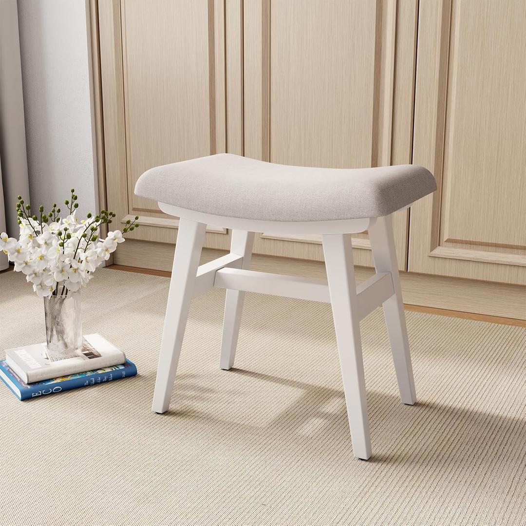 KASLANDI Solid Wood Vanity Bench, Saddle Cushion with High-Strength Rebound Sponge, Easily Assembly, Makeup Stool for Bedroom, Entryway (White)