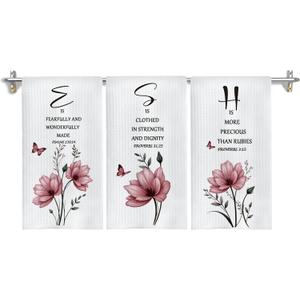 Pink Floral Christian Kitchen Towels, Inspirational Bible Verses Hand Towels for Bathroom Decor, Christian Gifts for Women, Religious Decor Dish Tea Towels for Kitchen, 16x24 Inch Set of 3
