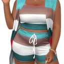 SHENHE Women's Plus Size 3 Piece Outfits Colorblock Striped Tank Top and Shorts Set with Cardigan (X-Large, Green)