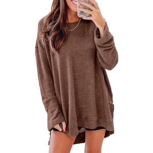 SHEWIN Oversized Sweatshirt for Women Casual Waffle Knit Tops for Women Lightweight Womens Sweatshirt Pullover Womens Fall Clothes,(US 20-22) 2XL,Coffee
