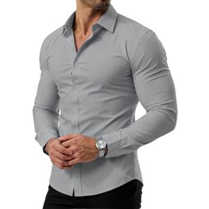 PLEPAN Men's Slim Fit Stretch Dress Shirt Stain Proof Wrinkle-Free Muscle Fit Long Sleeve Button Down Formal Shirt (X-Large, Gray)