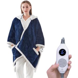 Westinghouse Wearable Heated Throw Blanket, Electric Heated Wrap Poncho Shawl with Pockets, 6 Heating Levels & 2 to 10 Hours Time Settings, 50 x 60 Inch, Navy