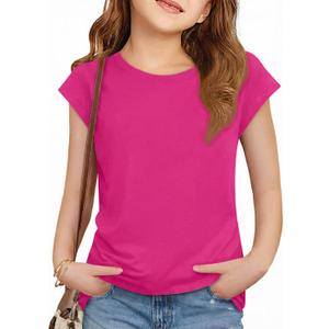 ZDC Girls Short Cap Sleeve T Shirts Kids Crewneck Summer Tops Basic Tees 5-14 Years (Pink)