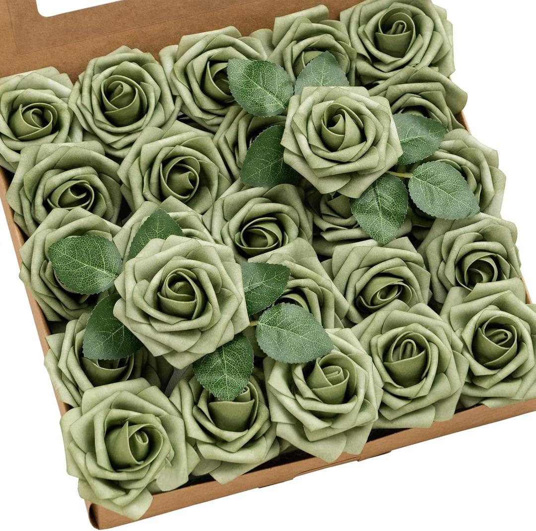Ling's moment Artificial Flowers 25Pcs Elf Green Roses Decor w/Stems,3" Real Touch DIY Foam Floral for Wedding Bouquet/Centerpieces, Outdoors Party Backdrop, Room/Table, and Garden/Pot Decorations