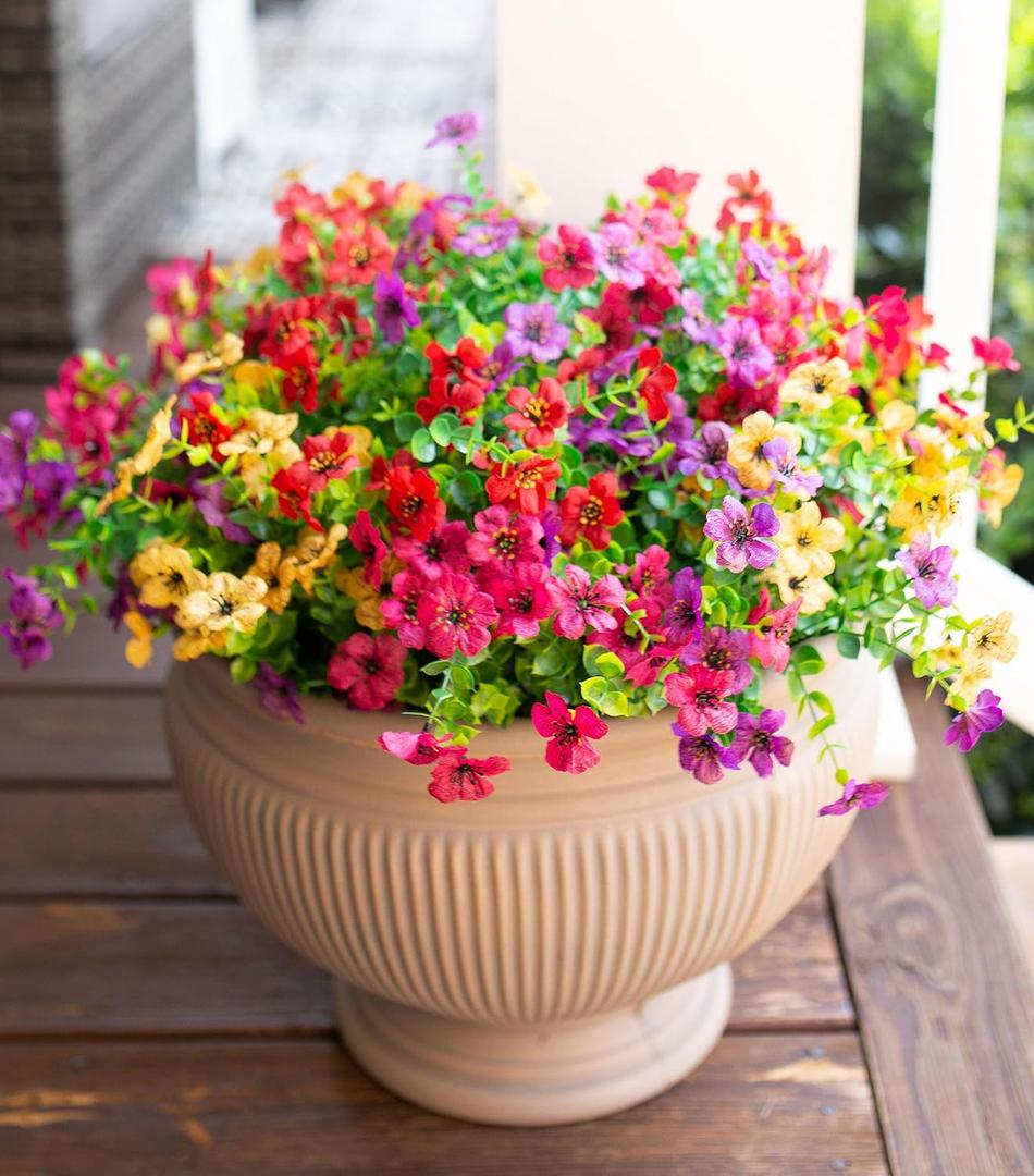 Artificial Flowers for Outdoor Indoor Garden Home Decoration, Faux Flower Daisy with Eucalyptus Leaves Fake Plants Greenery Boxwood Porch Patio, 12 Bundles (Mix Pink Red Purple Yellow)