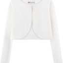 BOLEROSE Girls Long Sleeve Velvet Childrens Kids Sweater Bolero Shrug (13-14 Years, Off-white)