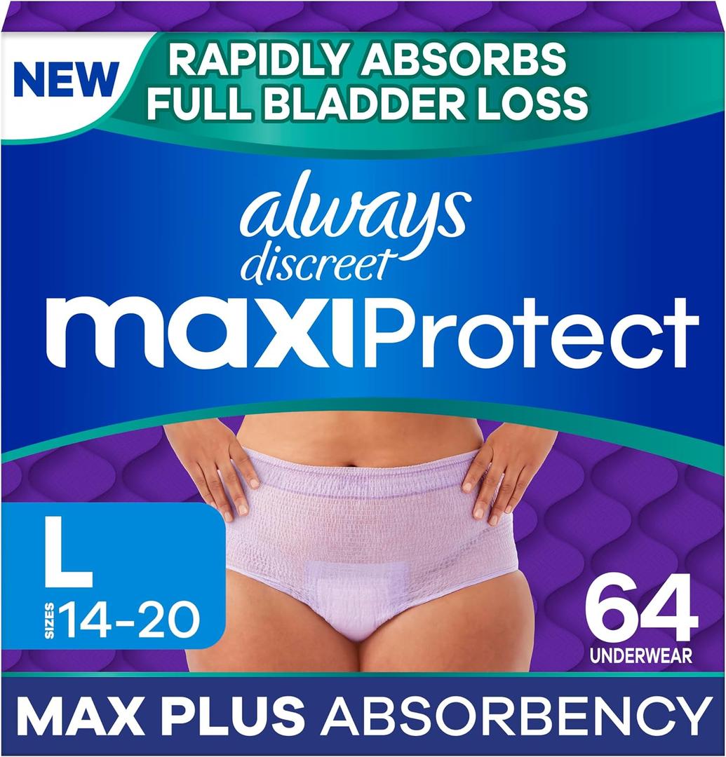 Always Discreet MaxiProtect Adult Diapers for Women, Incontinence Underwear, Scented, Postpartum Essentials, Bladder Leak Protection, Disposable Briefs, Maximum Plus Absorbency, Size L, 64 Count