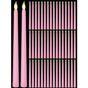 Funtery 48 Pcs Flameless LED Taper Candles Battery Operated Candles Bulk Realistic LED Candlesticks Flickering for Wedding Church Graduation Party Home Decor(Pink,Classic Style)