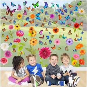 11 x Spring Window Flower Clings, 83Pcs Colorful Flower Butterfly Anti-Collision Window Decals, Double Side Window Sticker Decorations for Baby Shower Decoration Party Supplies