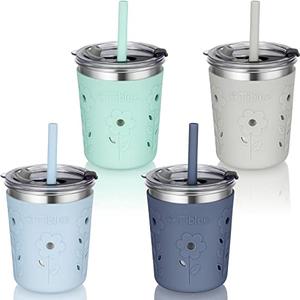 Tiblue Kids & Toddler Cups, 4 Pack 8oz Spill Proof Stainless Steel Tumblers with Leak Proof Lids, Silicone Straw with Stopper & Sleeve, BPA FREE Snack Smoothie Drinking Cup for Baby Girls Boys, Coastal 