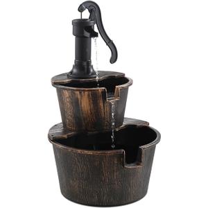 2-Tier Barrel Waterfall Fountain,27-Inch Plastic Outdoor Water Feature with Pump for Garden,Patio and Backyard
