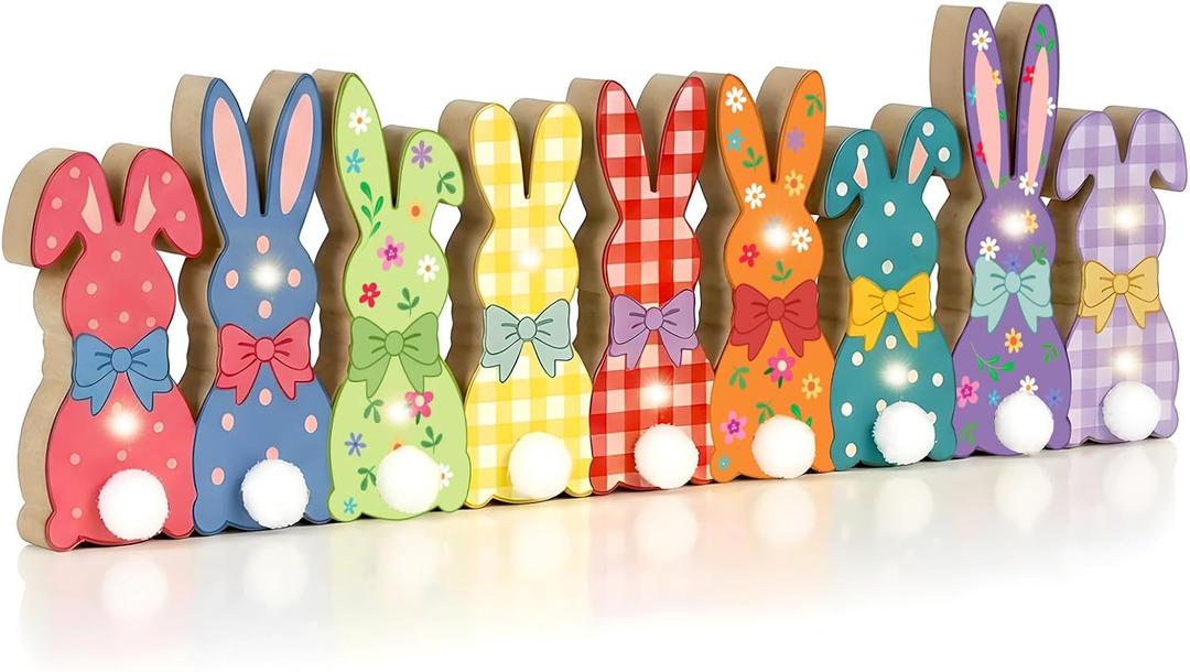2 x Yquqwn Easter Table Decorations, Wooden Bunny Tabletop Decor with LED Lights, Wooden Bunny Sign with Plush Tail Vintage Plaid Style, for Easter Table Decor Spring Home Mantel Desk Office Party Decorations